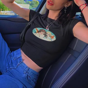

Women Sexy Crop Tops Y2K T-Shirt See 2020 New Arrival Short Sleeve Printed Slim Crop Tops O-neck T-Shirt Women tshirt 4 Colors