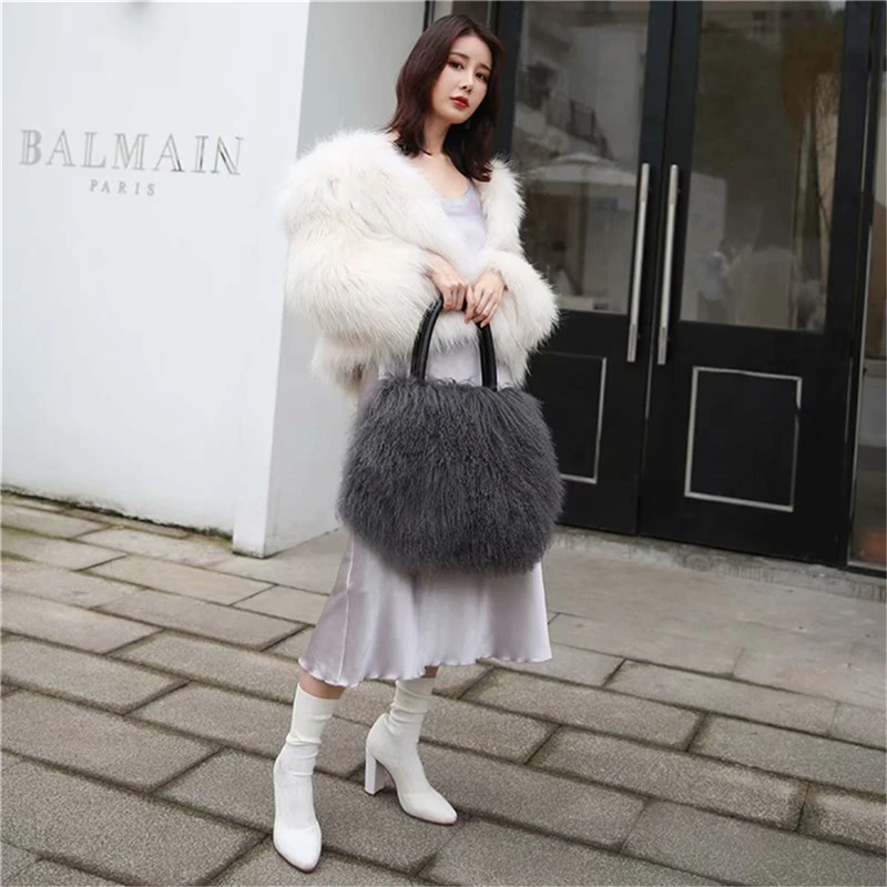 IANLAN Women Real Mongolian Sheep Fur Handbags Casual Ladies Fluffy Fur Tote Bags Genuine Cowhide Handle IL00555