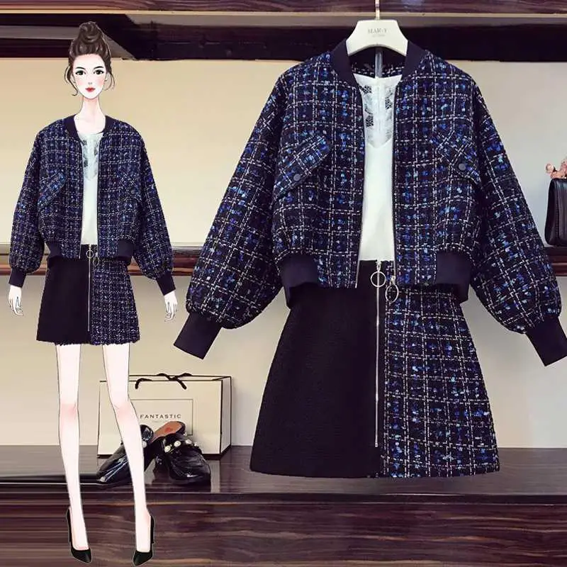 JSXDHK S-4XL Plus Size Tweed 2 Piece Set Fall Winter Women Zipper Plaid Loose Woolen Jacket + Tassel Patchwork A Line Skirt Suit |