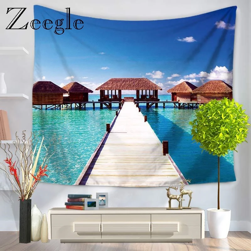 Zeegle Beach Scenery Pattern Wall Hanging Tapestry Microfiber Beach Towel Woven Printed Home Decor Polyester Carpet
