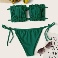 Sexy Bikini 2021 Pleated Bandeau Swimsuit Female Swimwear Women Mini Thong Bikini Set Bather Swimming Beachwear for Bathing Suit 6