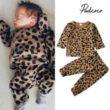 Модный комплект одежды для маленьких девочек, хлопковый свитер с длинными рукавами Топы+ штаны с леопардовым принтом Повседневная Одежда для новорожденных мальчиков из 2 предметов