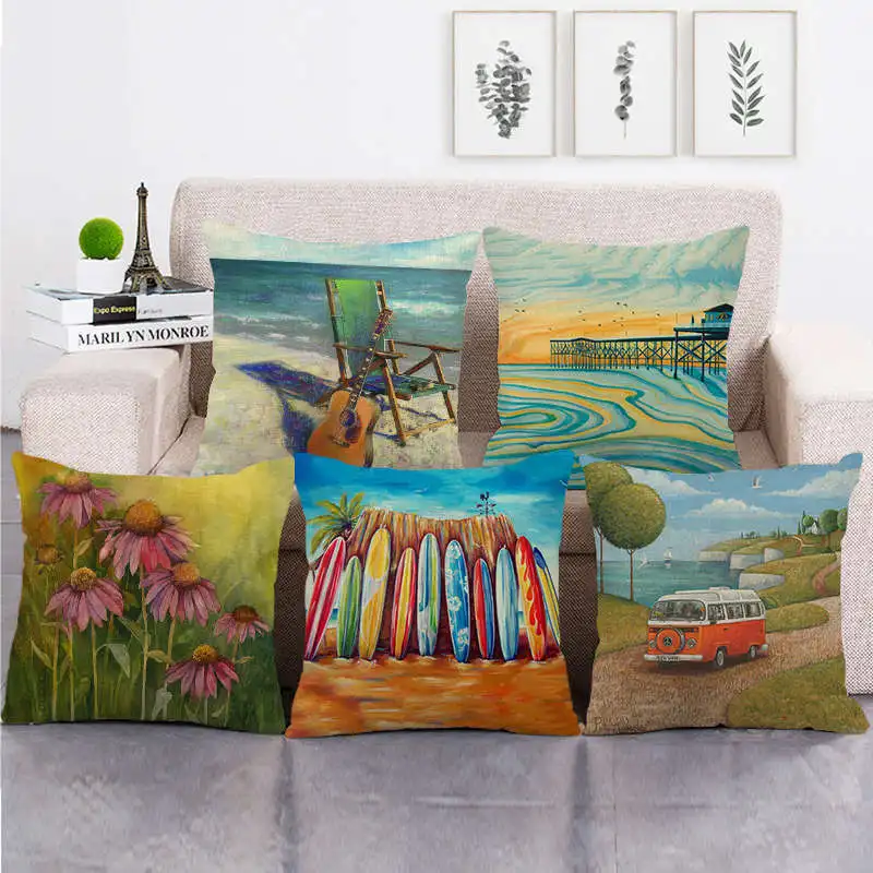 

Scenery Oil Painting Style Linen Cushion Cover Seaside Sailboat Plants Decorative Pillowcase 45x45 Sofa Couch Living Room Decor