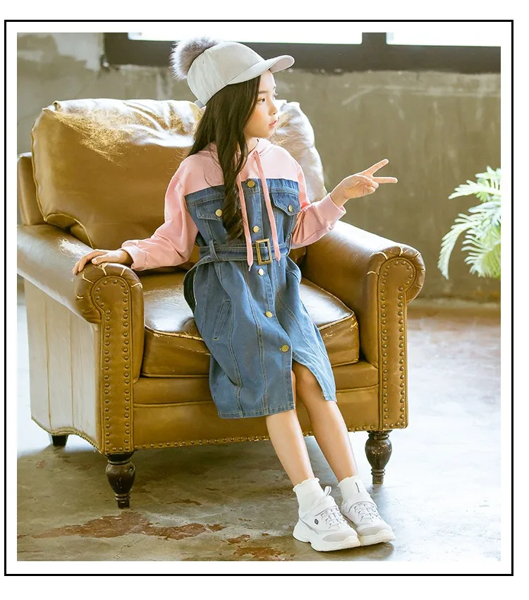Girls denim dress with hoodies 3 to 13 years autumn fashion female children dresses faux two pcs girls dresses Vestido