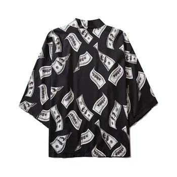 

#3716 Dollar Print Cardigan Kimono Jacket Men Loose Black Short Kimnon Sunscreen Coat Unisex Casual Kimono Capes Spring Summer