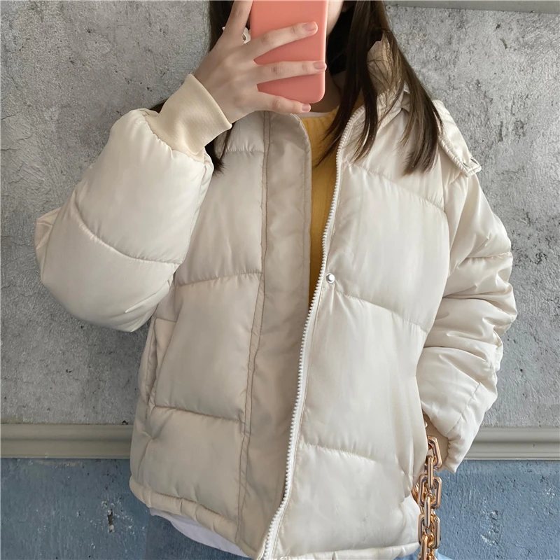 

Autumn Winter New All-Match Casual Solid Color Loose Bread Coat Cotton Hooded Jacket