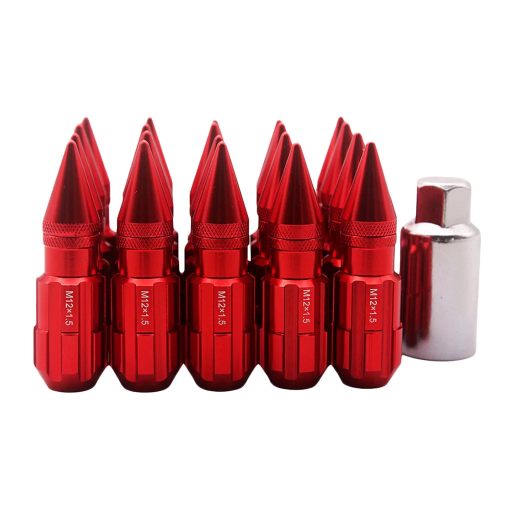 20x Red Racing Extended Wheel Lug Nuts W/Spikes M12x1.5 With Key Universal