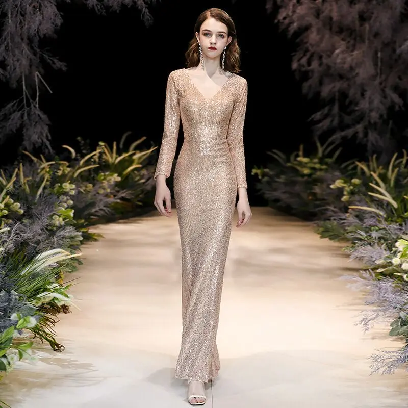 

Plus Size Evening Host Dresses V Neck Long Sleeve Mermaid Simple Sequins Satin Party Gown Soiree Sexy Formal Dress MS-0021