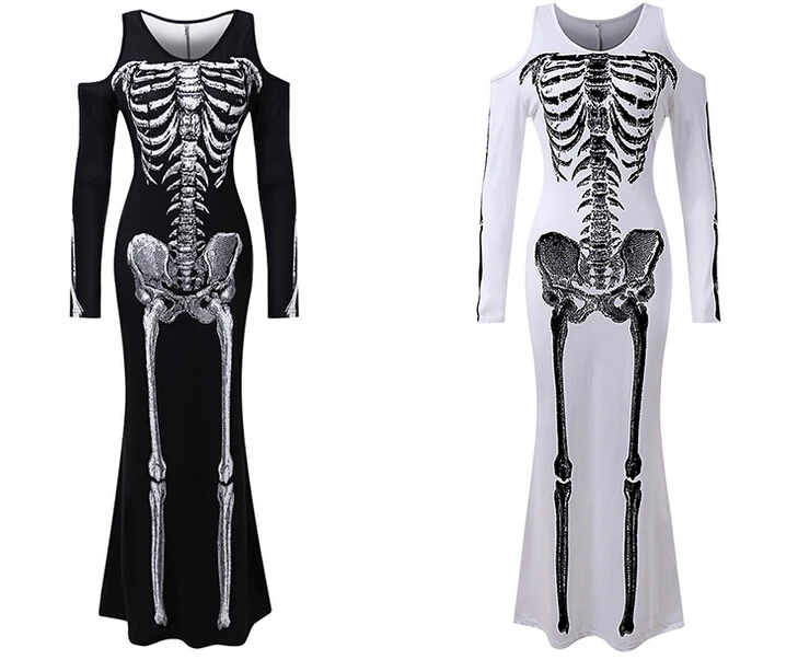 

Women's Off-the-Shoulder Skull Printed Pencils O-Neck Skeleton Long Sleeve Ankle-Length Dresses Easter Festival Cosplay Custumes