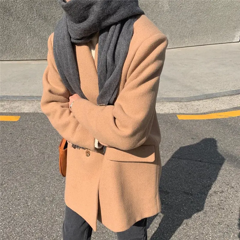 KHAKI HziriP, шикарные, универсальные, модные, короткие, новинка, для женщин, для офиса, для девушек, теплые, одноцветные, уличная, Ретро стиль, OL, свободные, шерсть, большие размеры, блейзеры - Цвет: KHAKI