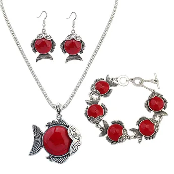 

DSHOU67 Fashion Cartoon Goldfish Jewelry Set Retro Necklace Earrings Bracelet Jewelry Three-piece Set