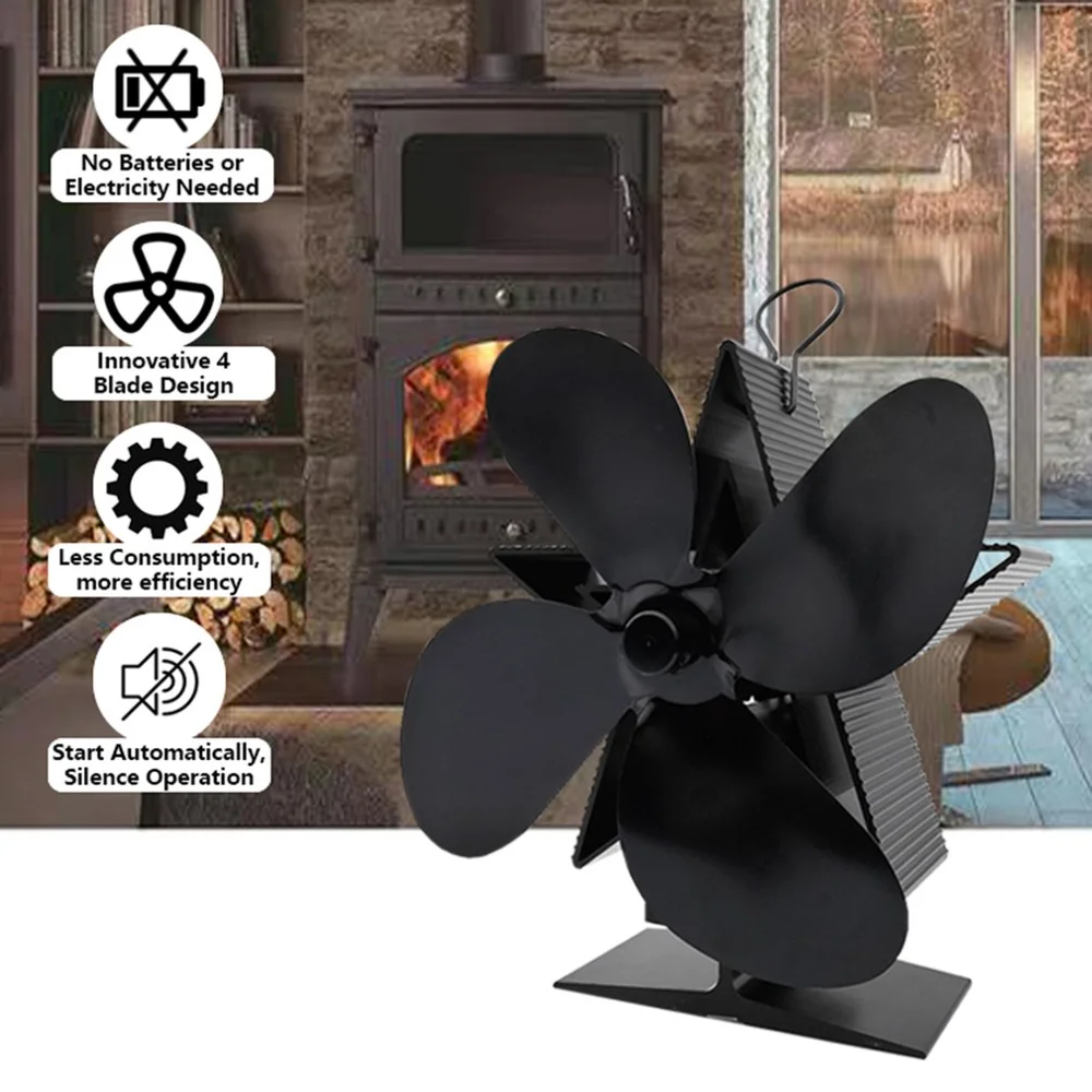 4 Blades Heat Powered Stove Fan Log Wood Burner Alumina Fan Blade Quiet  Home Fireplace Fan Efficient Heat Distribution