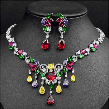 

New micro zircon gorgeous colored gems heart-shaped drops party earrings necklace cubic zircon bridal jewelry set jewelry