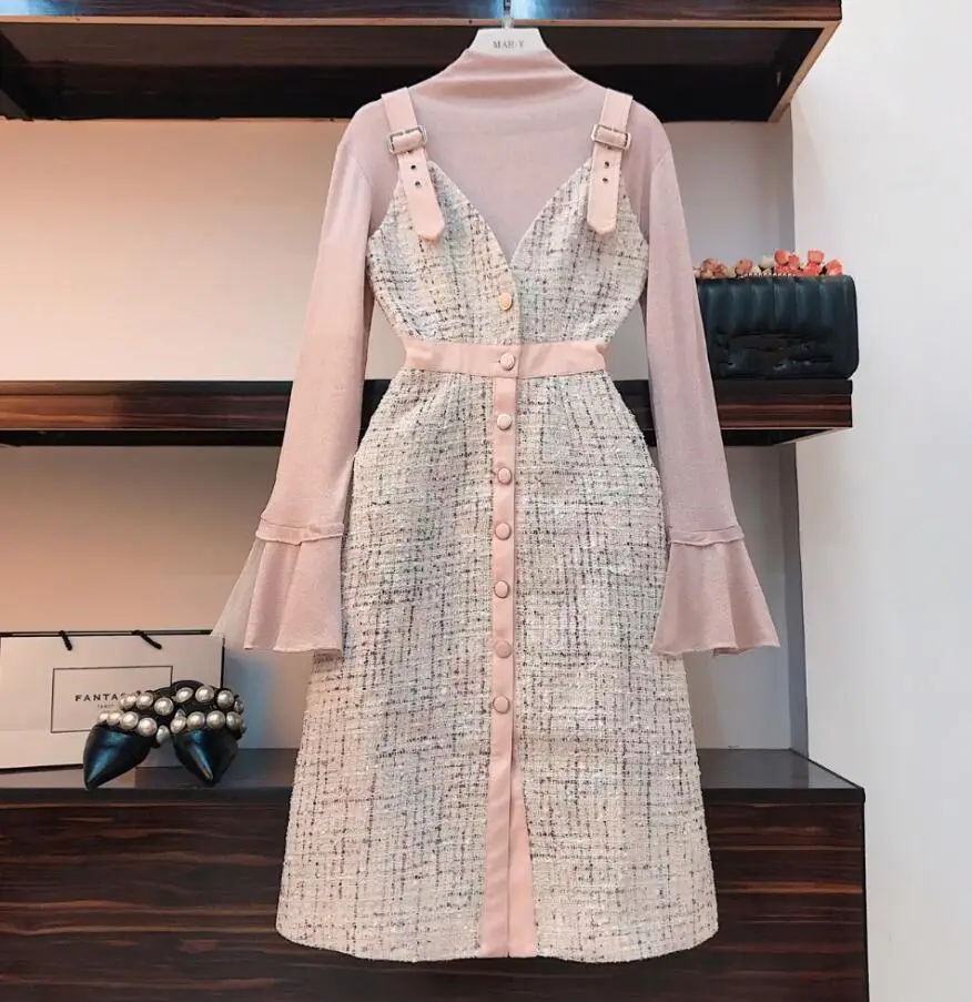 2 pcs set Осенне-зимний брендовый женский розовый комплект из 2 предметов, платье Женский трикотажный топ с расклешенными рукавами+ однобортный твидовый в клетку комбинезон - Цвет: 2 pcs set