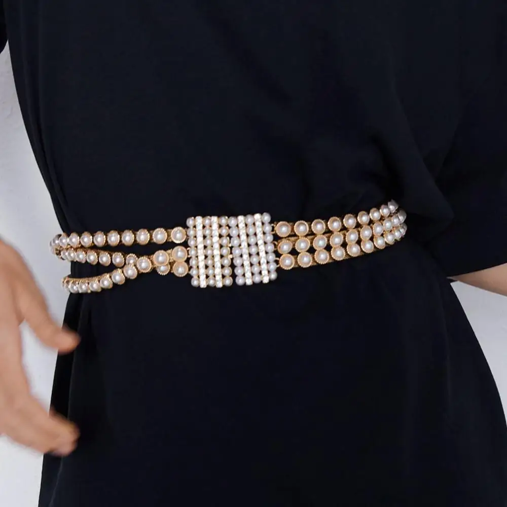 Girlgo ZA роскошный блестящий Кристальный ремень с пряжкой для женщин, модный элегантный черный бархатный ремень, поясная цепочка с жемчугом, ювелирное изделие, подарок