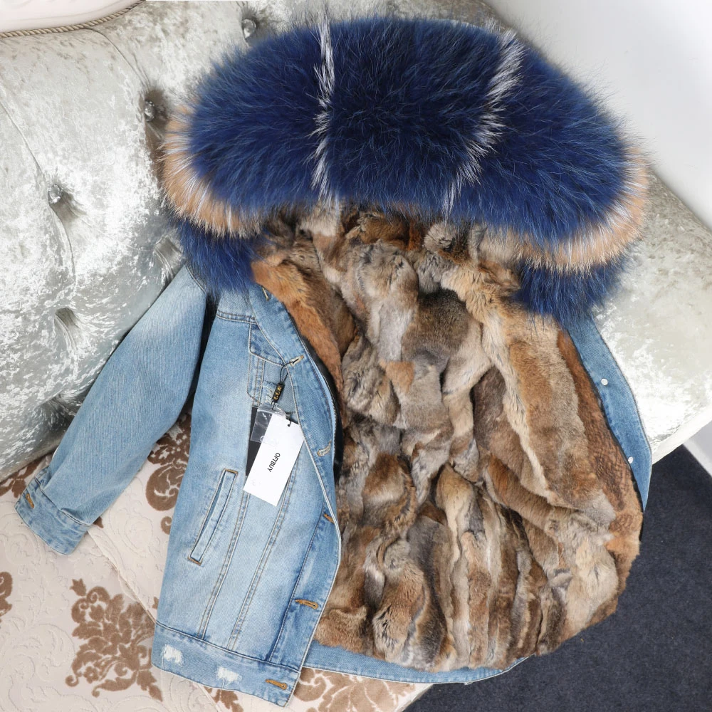 Sale OFTBUY 2019 Winter Jacket Women Real Fur Coat Parka Real raccoon collar Rex Rabbit liner striped bomber Denim jacket Streetwear 1