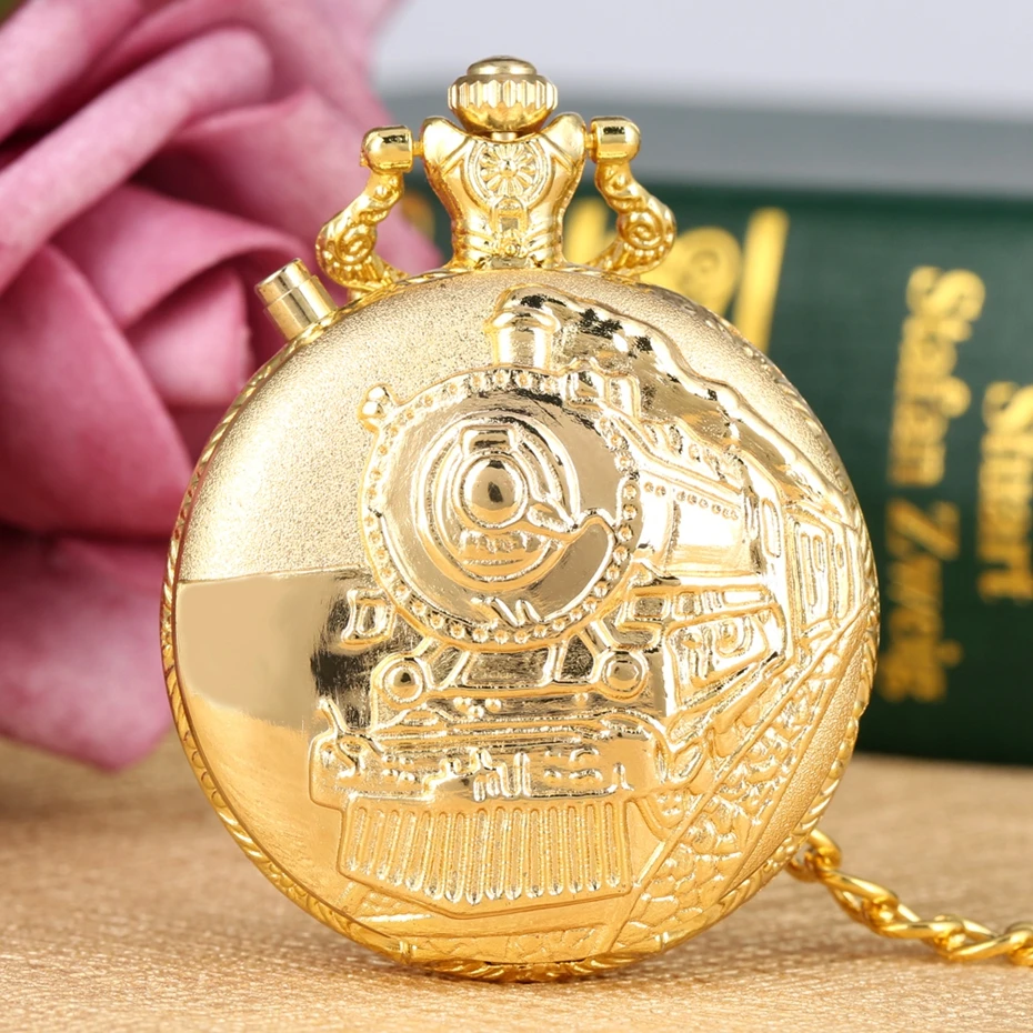 Роскошные золотые Светящиеся светодиодный флэш-кварцевые карманные часы Поезд Локомотив двигатель стимпанк кварцевые часы FOB светильник подарки для мужчин и женщин