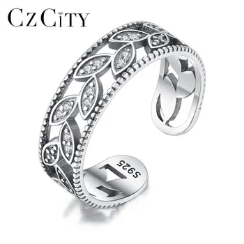 

CZCITY Vintage Real 925 Sterling Silver Leaf Open Rings for Women Trendy Fine Jewelry Femme Wedding Rings Christmas Gift Bijoux
