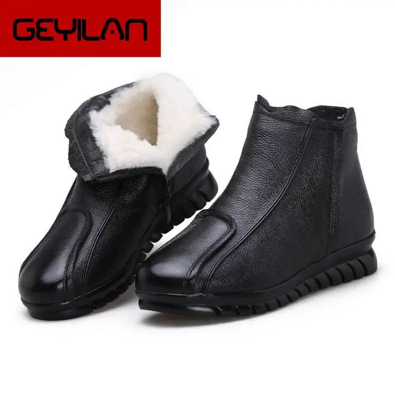 

Genuine Leather Boots Winter Women Snow Boots Classic Black Flat Ankle Boots For Women Winter Warm Shoes Wool Fur Boots