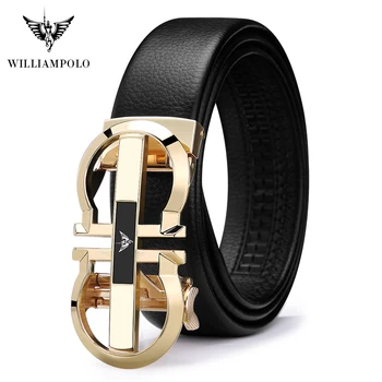 

WILLIAMPOLO Brand Luxury Designer Leather Mens Genuine Leather Strap Automatic Buckle Waist Belt Gold Belt full-grain leather