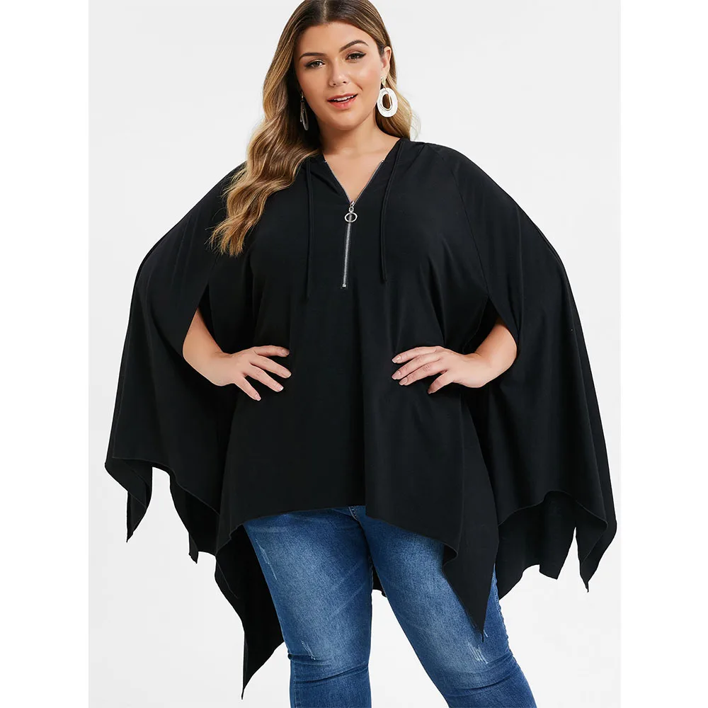 

ROSEGAL Plus Size Asymmetrical Tunic Hooded Cloak T Shirt Women Solid Zippered Hoodie V-Neck Bating sleeve Loose Gothic Tops