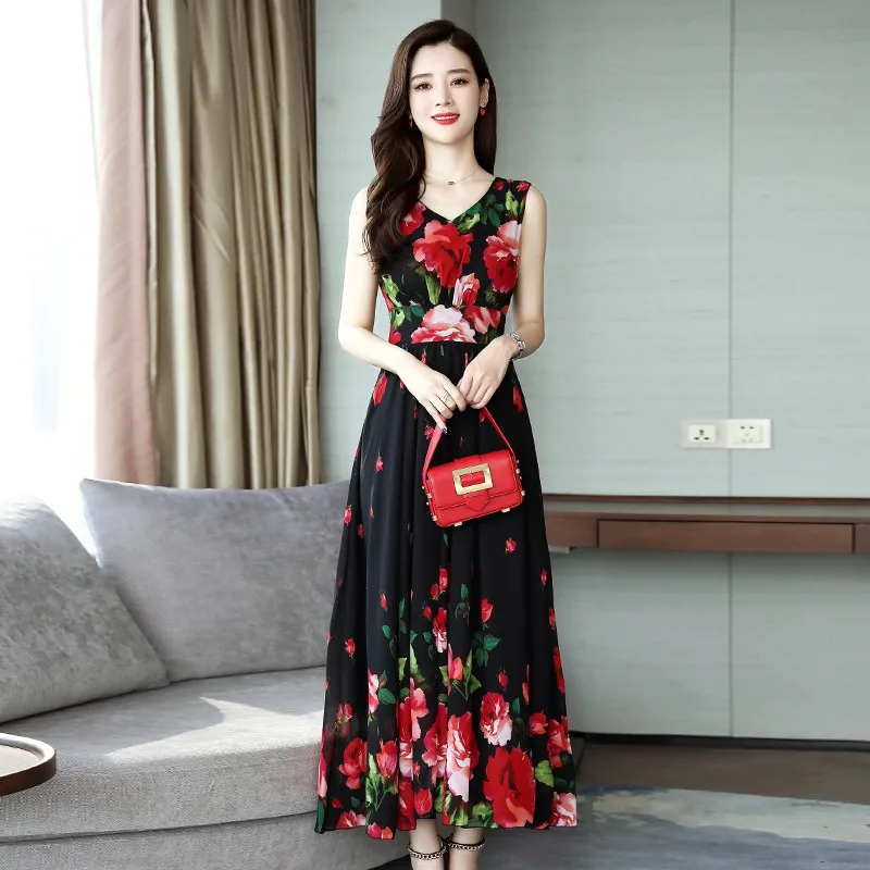 Summer Sleeveless Beach Long Dress Casual Women Print Floral Dress