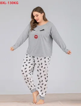 

autumn women sleepwear plus size home set long sleeve nightdress loose tops tees and pants 8XL 7XL 6XL oversize sleepwear pink