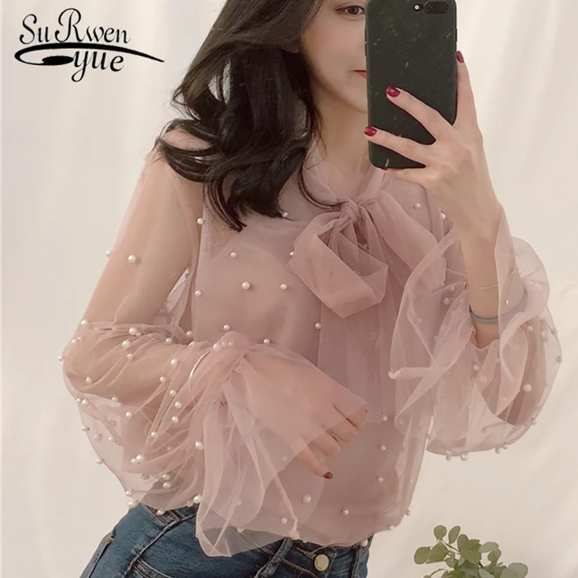 US $9.23 Blouse 2019 Summer Spring Women Chiffon Shirt Gauze Bow Beading Female Blouses Tops Office Shirts B