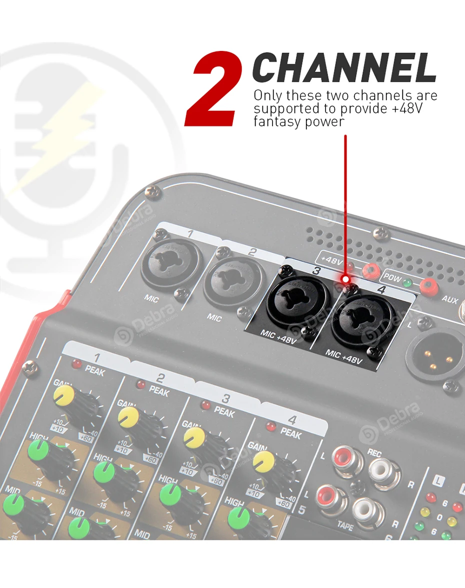 DM4 6 채널 오디오 믹서 DJ 콘솔, 48V 팬텀, 블루투스, USB to PC 녹음 재생, 라이브 노래방, 야외 파티용