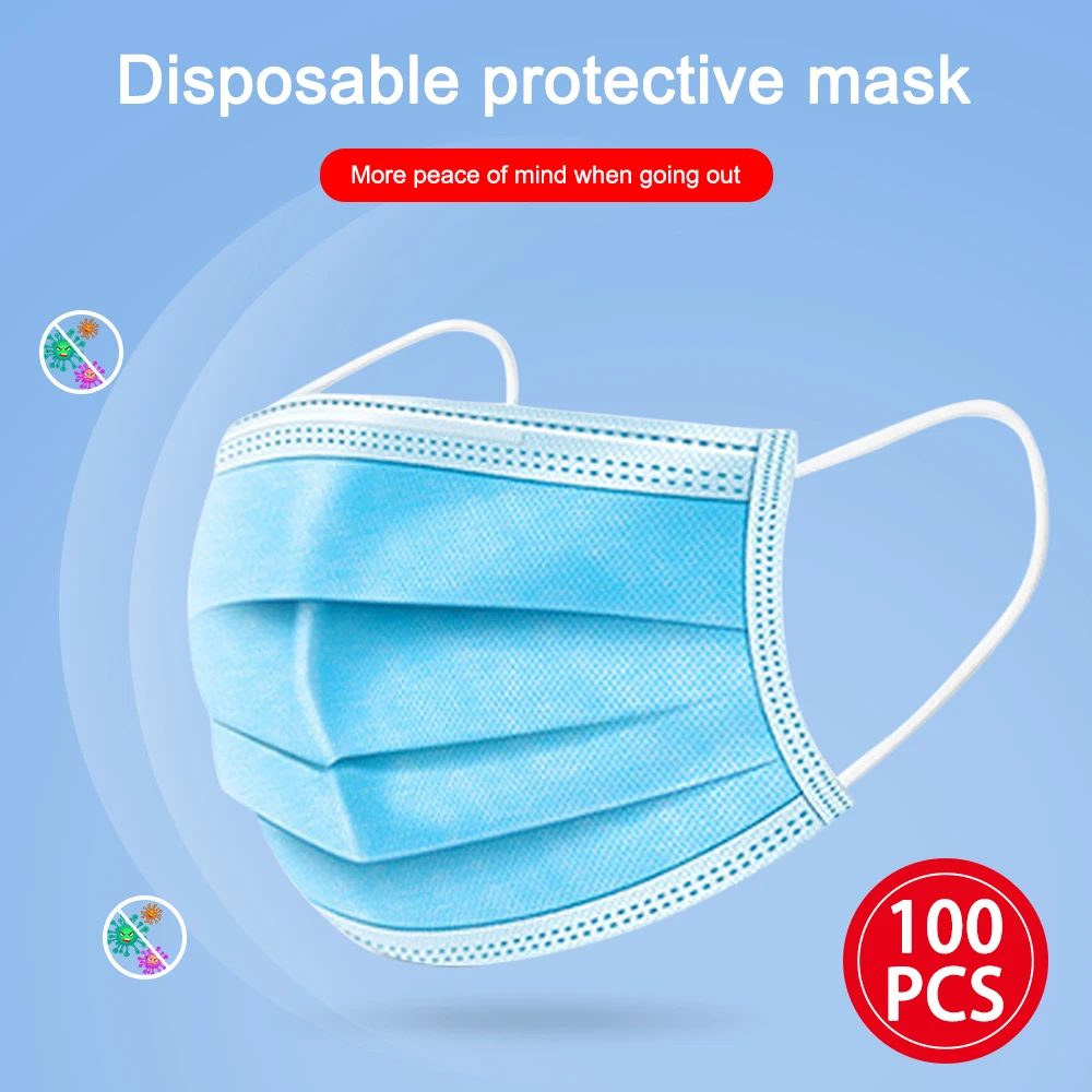 

100pcs Antivirus 1 Disposable Mask Virus Nonwove 3 Layer Ply Filter Mouth Face Mask Dust BFE95 Meltblown Mouth Masks