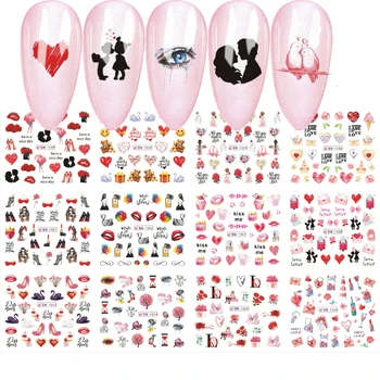 

12 Designs newest Sexy Lips Love Heart Nail Stickers Water Slider Decals Tattoo naklejki na paznokcie For Valentine's Day Gift
