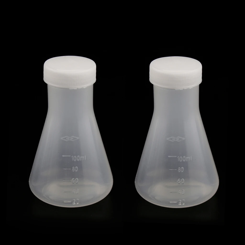 2 Pieces Premium Lab Plastic Conical Flask, Erlenmeyer Flask with Cap, Graduated, Stable 100ml