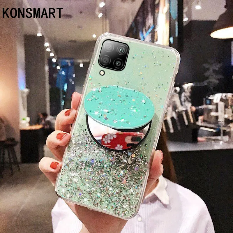 

KONSMART Fashion Mirror Case For Huawei P40 Lite 6.4" Glitter Star Clear Silicone Soft Phone Case Cover P40 Lite With Holder