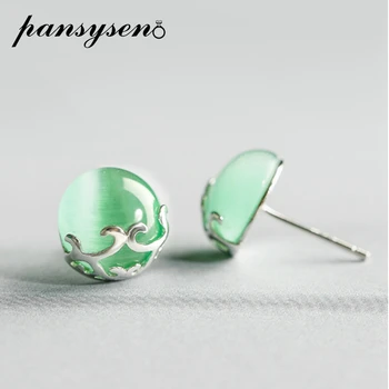 

PANSYSEN Top Brand 10MM Round Created Chrysoberyl Silver 925 Jewelry Stud Earrings for Women Green Gemstone Earrings Party Gifts