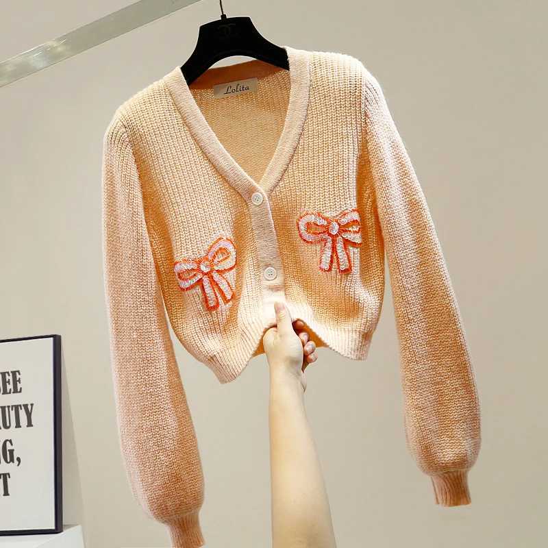 

Nancylim Women Spring Autumn Breasted Sweaters Crop Tops Cardigan Long Sleeve V Collar Mujer Coat Jumpers Lady Bow Cardigans