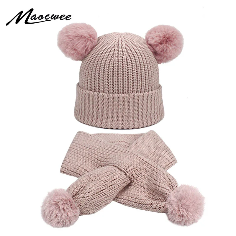 Детская зимняя плотная шапка шарф детские теплые шапки с двумя помпонами из