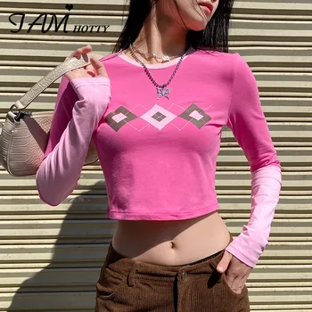 

Harajuku Y2K Patchwork Argyle Print Crop Top Tees Women Cute 90s Aesthetic Cotton Long Sleeve Soft Girls T-shirt Autumn Iamhotty
