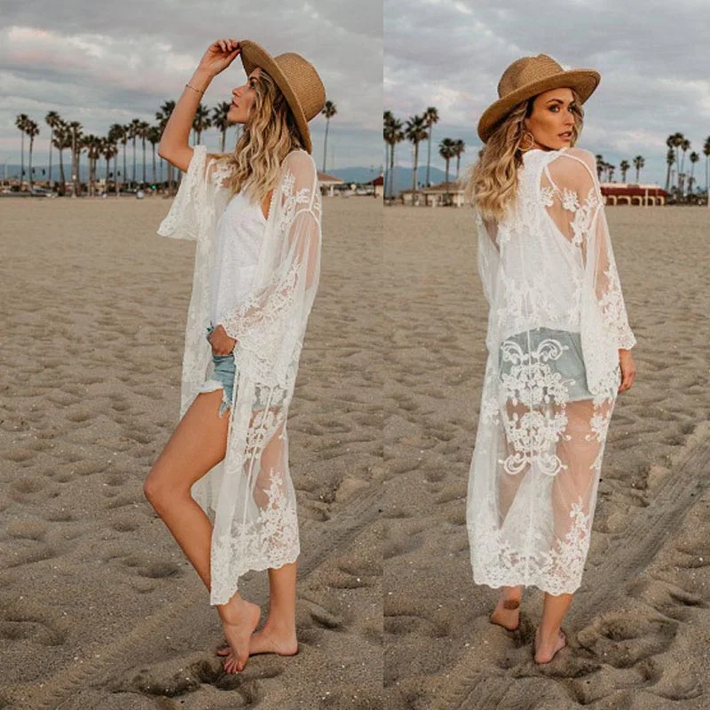 Womens Lace Embroidery Crochet Blouse Sexy Hollow Out Cardigan Sunscreen Loose Swimwear Long Cover Up Summer Beach 2019 Outwear | Женская