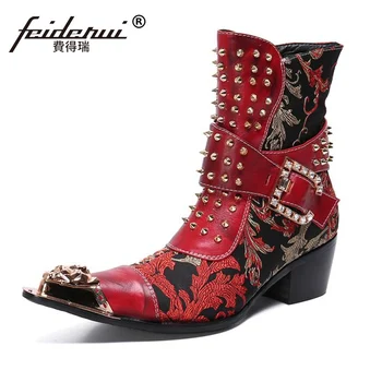

New Luxury Metal Toe Man Handmade High Heels Studded Punk Shoes Genuine Leather Men's Rivets Motorcycle Riding Ankle Boots SL750