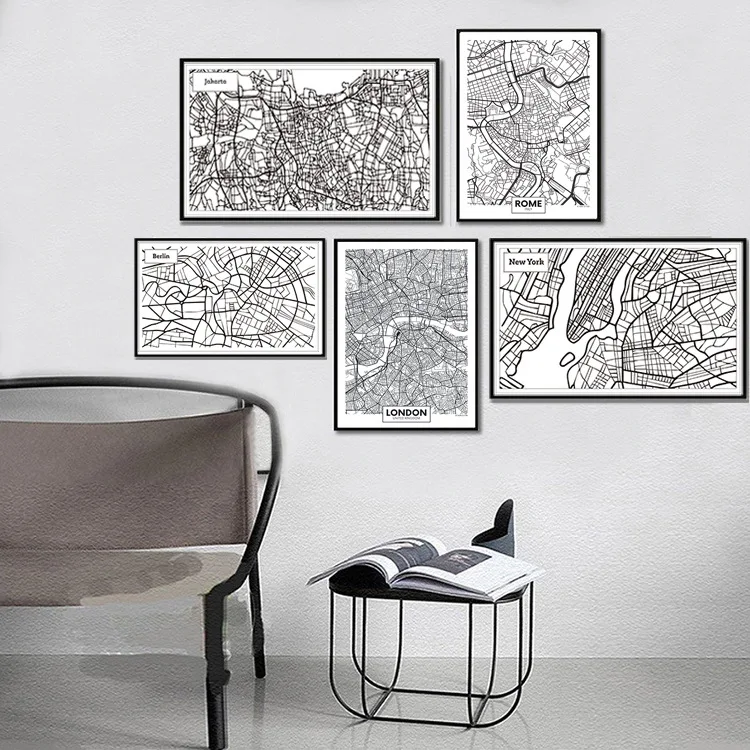 Черный белый цвет карта городов мира Париж Лондон Нью Йорк Рим плакат Nordic