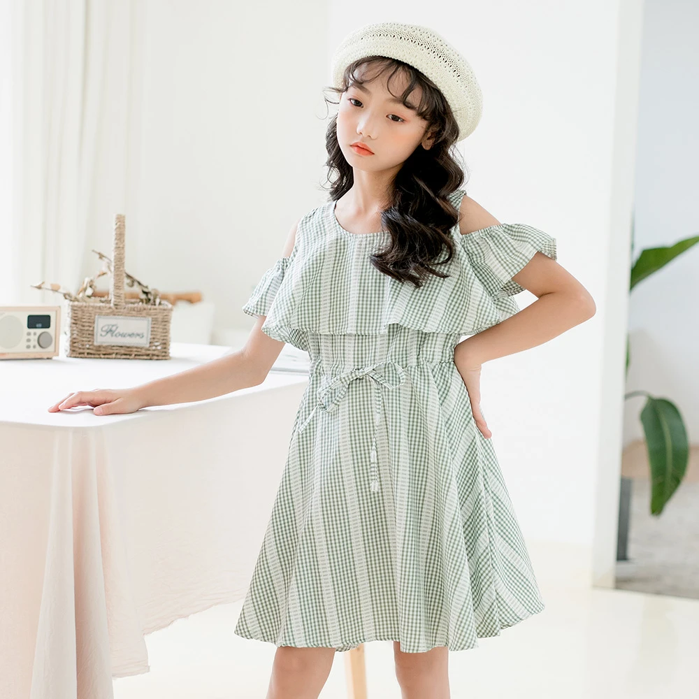 Big Girls Summer Dress 2020 New Beach Cotton Plaid Children Mother And Daughter Toddler Teen Clothes Blue Green | Детская одежда и