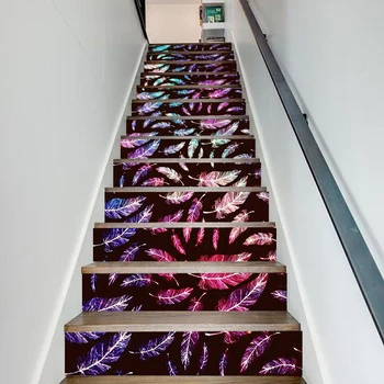 

13 Pcs Decals Mural Step Stair Sticker Colorful Feather Self Adhesive Waterproof Paper Poster For Print Art Picture Home Decor