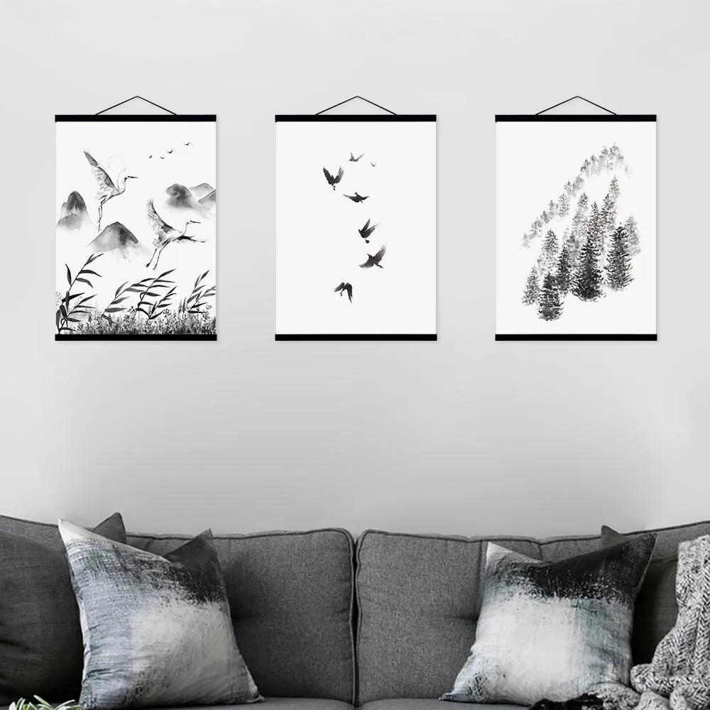 

Mild Art New Chinese Style Black And White Ink Scenery Library Solid Wood gua zhou hua Decoration Scroll Paintings a Generation