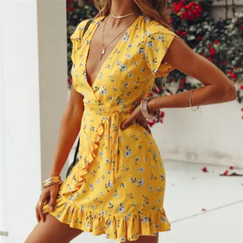 

Women Printing Wrap Dresses Short Sleeve Ladies Deep V-neck Ruffles Short Mini Dress Yellow Floral Elegant Woman Retro Dresses