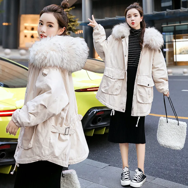 

2019 Winter Loose-Fit Candy-Colored Workwear Thick Hooded Coat Women's Mid-length Large Fur Collar Hooded Cowboy Cotton-padded C