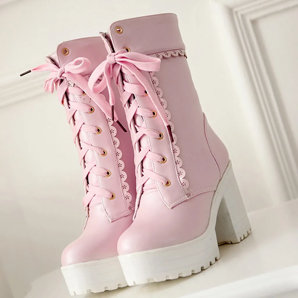 Women's Lace Tie High Heel Shoes Sweet Lady Platform High Heel Boots bottes femme#y3