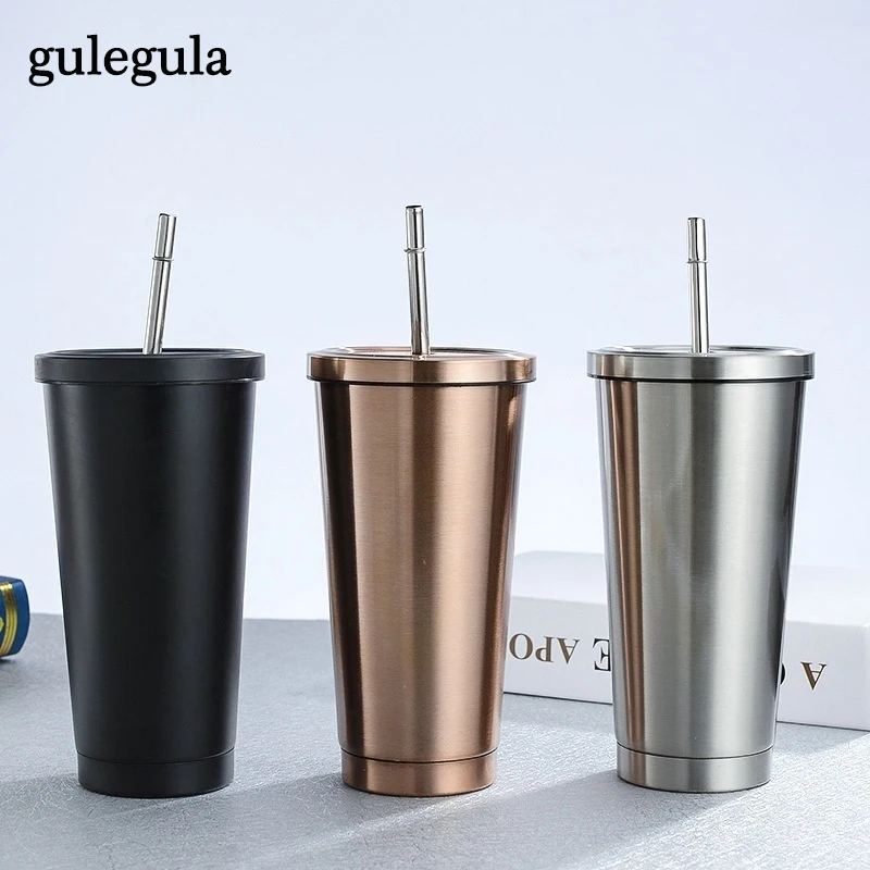 Stainless Steel Double Insulation Straw Cup 500ML Vacuum Tea Coffee Mug with Lid Metal Drinkware Water Bottle Travel Accessories | Дом и сад