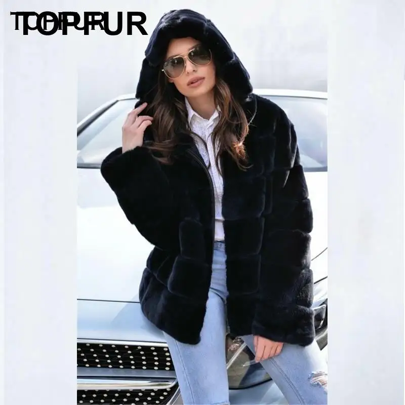 Женская Шуба с капюшоном TOPFUR зимняя шуба из натурального меха кролика Рекс
