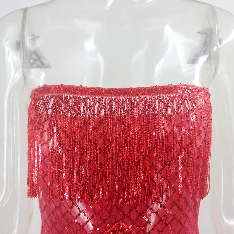 Ceremokiss платье с пайетками для женщин пикантные красные сетчатые с кисточками для ночного клуба вечерние мини платья Рождество без бретелек спинки Bodycon Vestidos