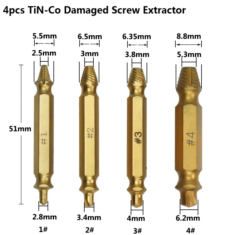 XCAN 4 шт. HSS4341 скоростные поврежденные винтовые экстракторы сверла и болт экстрактор Набор отвертка инструмент для удаления - Цвет: TiN Coated